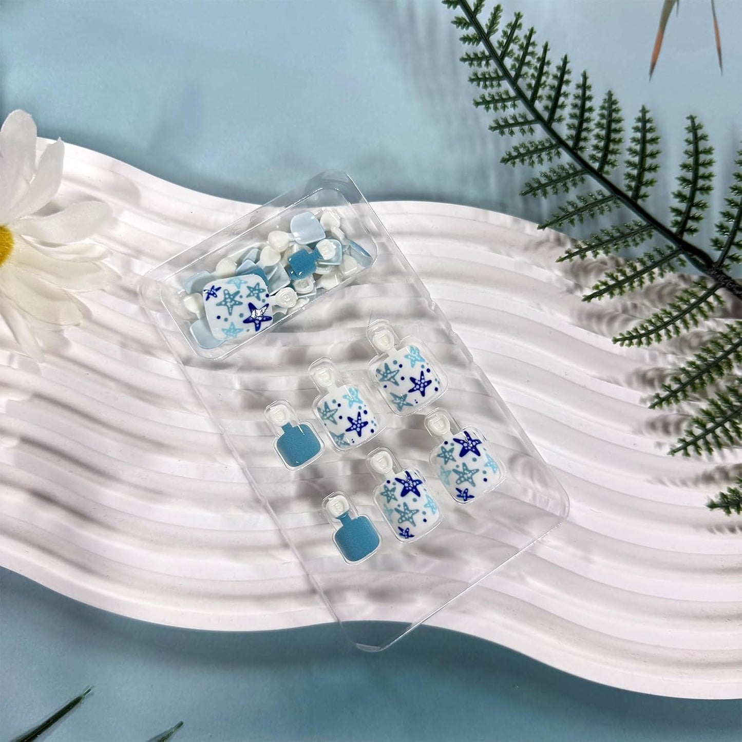 Press-On Toenails - Blue Starfish Short Square Acrylic Tips | Reusable Summer Beach Nails - 24 Pcs