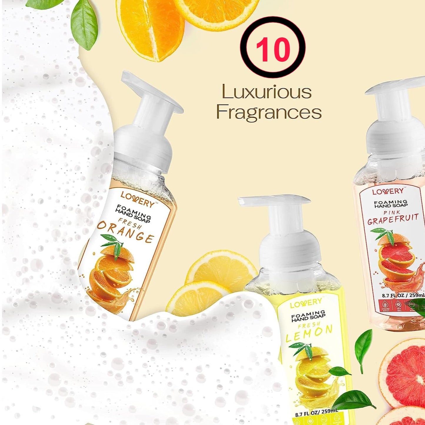 Moisturizing Foaming Hand Soap 10-Pack | Alcohol-Free Citrus Blend with Aloe Vera & Essential Oils - Lemon, Orange, Lime, Grapefruit, Black Cherry Fragrances