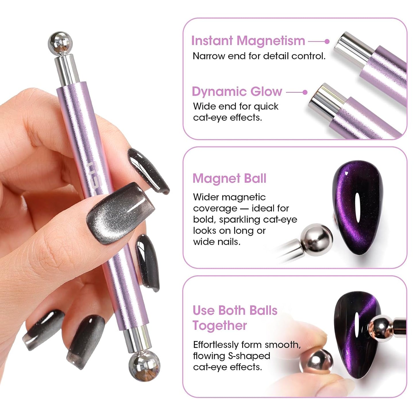 Cat Eye Nail Magnet Set - Strong Double-Ended Magnet Pen with 8mm & 10mm Balls | French Tip Guide Plates & Bunny/Heart Designs