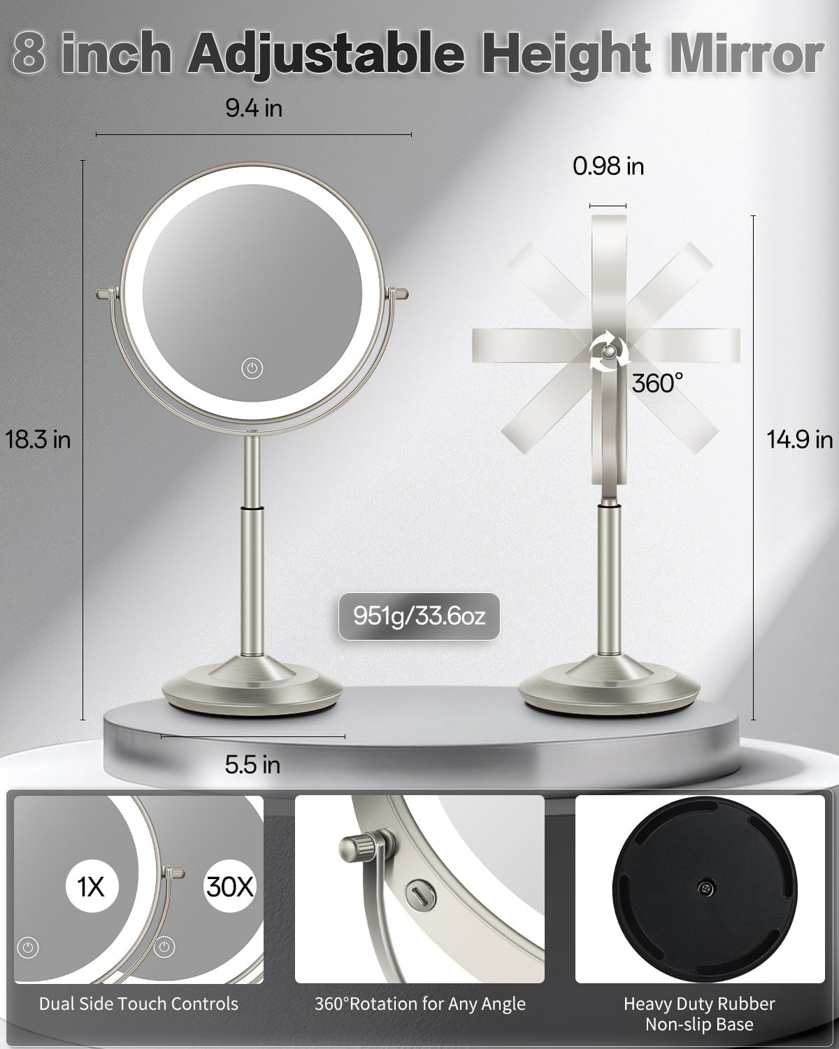 30X/1X Makeup Mirror with Lights - Adjustable Height, 3 Lighting Modes & Rechargeable | Perfect Gift for Women