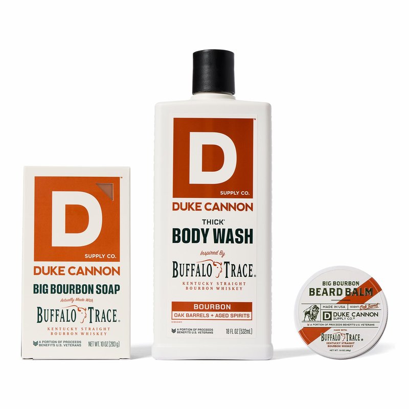 Duke Cannon Bourbon Grooming Bundle for Men – Bourbon Bar Soap, THICK Body Wash & Beard Wash, Oak Barrel Scent, 3-Pack