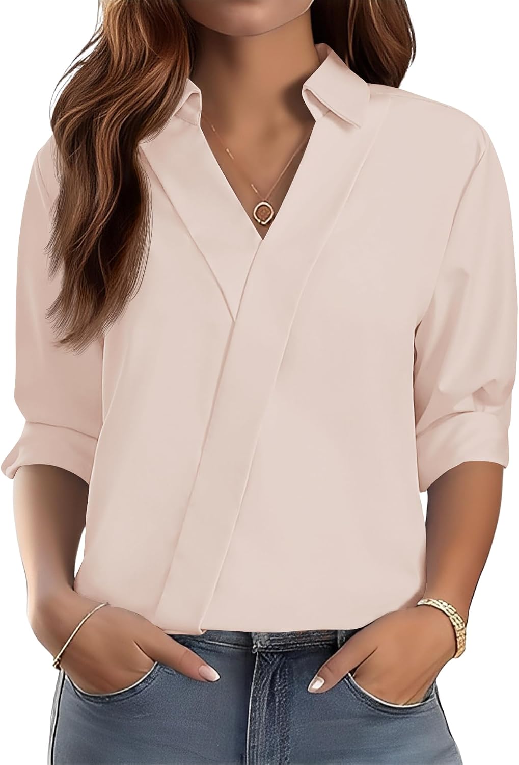 3/4 Length Sleeve Women's Dressy V-Neck Collared Tops - Trendy Business Casual Blouses for Work & Vacation