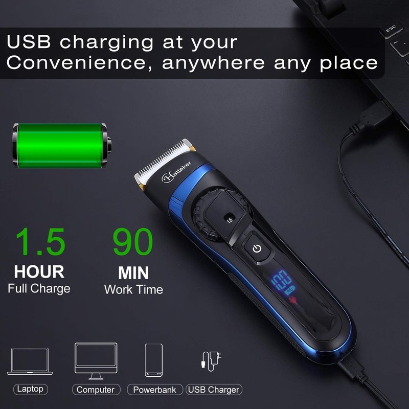 Hatteker Mens Hair Trimmer Clipper Body Hair Groomer Electric Beard Trimmer Hair Cutting Grooming Kit Cordless Back Shavers Waterproof USB Rechargeable
