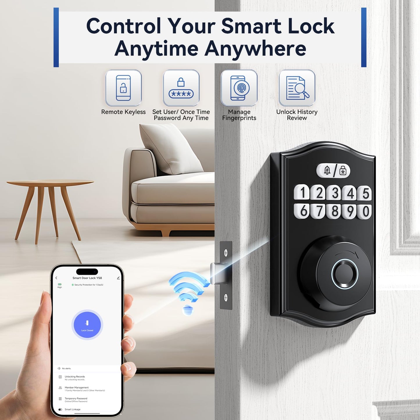 Ulecoce Y58 Built-in WiFi Fingerprint Door Lock Keyless Entry Door Lock for Front Door, Deadbolt Lock for Smart Home Apartment, App Remote Control, 15-Min Easy Install, Grade 3 Anti Security, Black