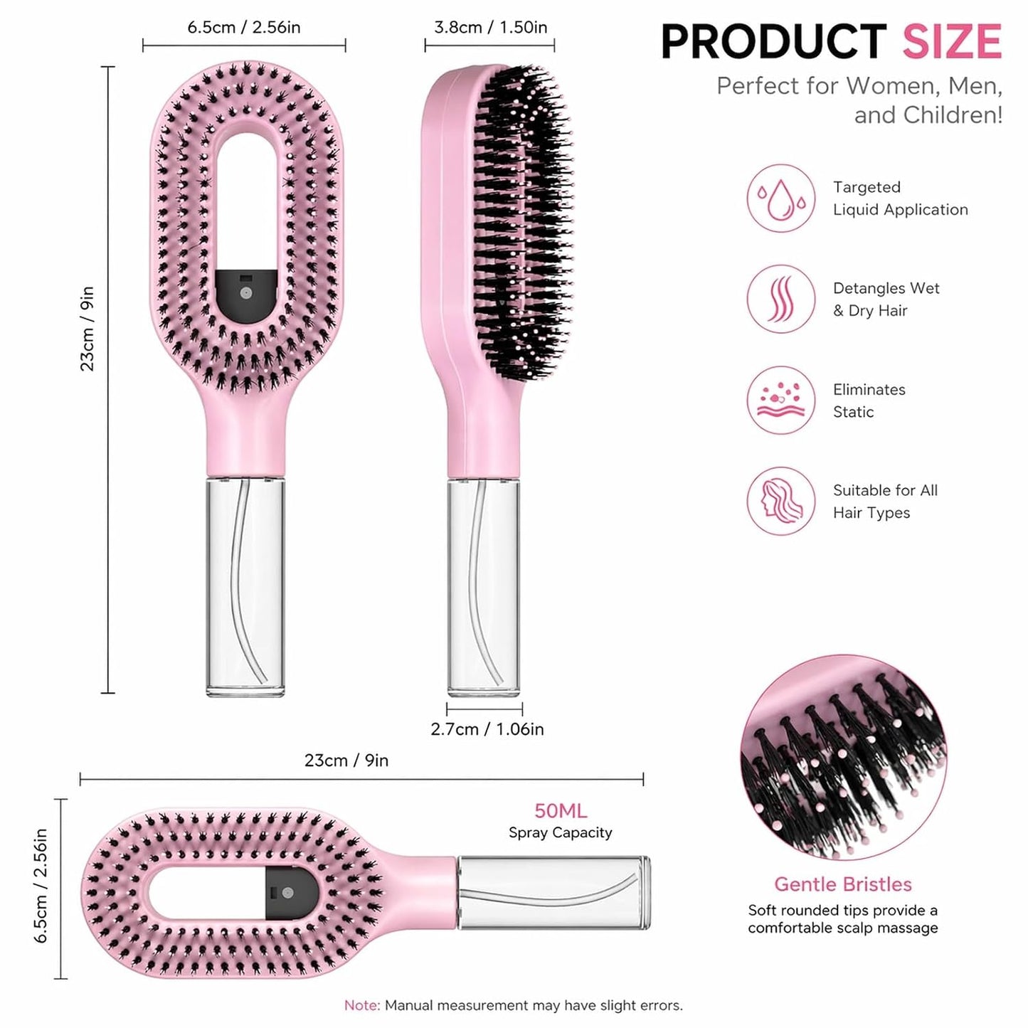2-in-1 Manual Misting Hair Brush - Non-Electric Detangling Tool for Wet & Dry Hair | Anti-Frizz, Fine Mist Sprayer (Pink)