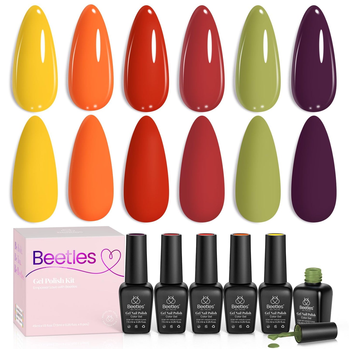 Beetles Orange Gel Polish Set – 6 Colors Red Green Purple Yellow Gel Polish Kit, Soak Off UV LED Gel Nail Polish for Manicure Nail Art Gift Women