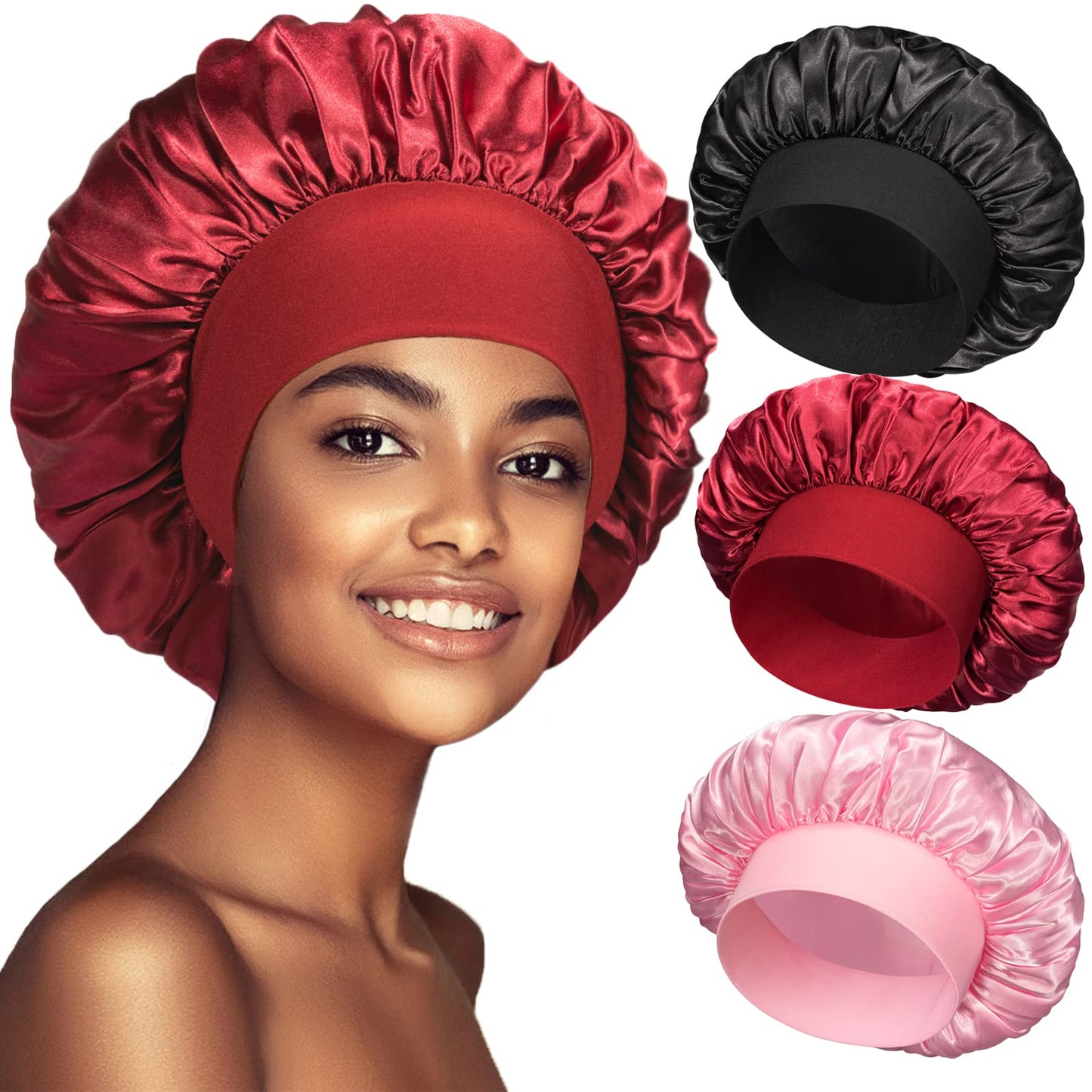 3 Pack Satin Bonnet Silk Bonnet for Sleeping, Bonnets for Black Women, Elastic Wide Band Hair Bonnet for Sleeping