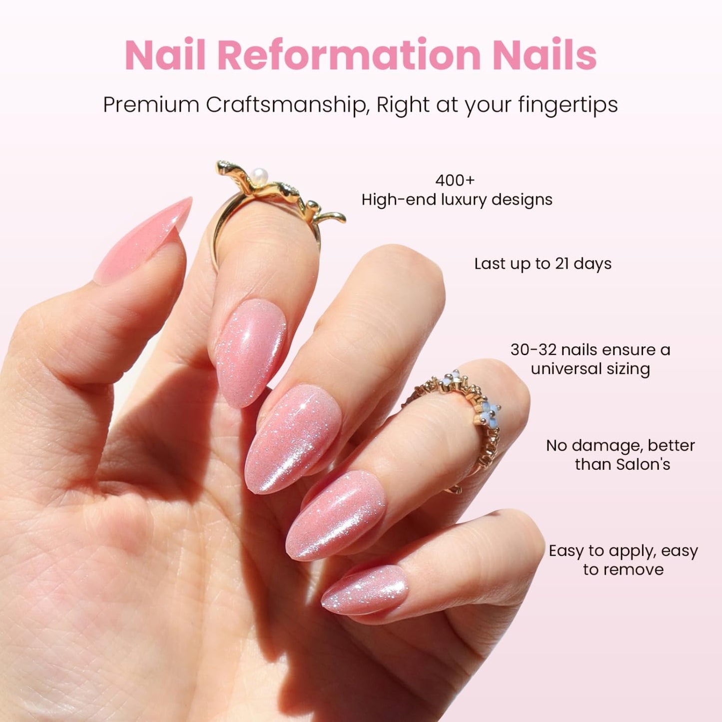 Press On Nails - Pink Quartz Cat Eye Velvet Short Almond | 32 Pcs in 16 Sizes, Reusable Stick-On Nail Kit for Salon Quality Manicures