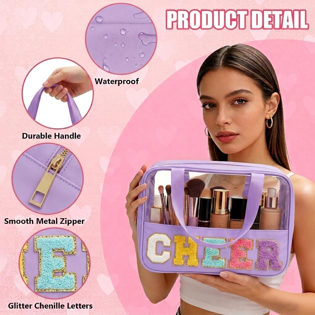 Cheer Makeup Bag - Chenille Letter Patch Clear Cosmetic Organizer | Waterproof Nylon Travel Toiletry Bag for Cheerleaders