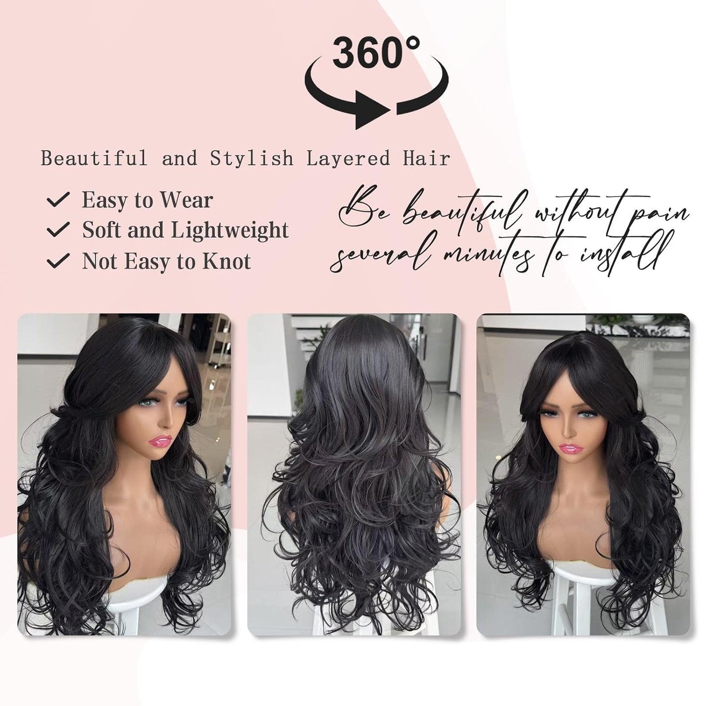 Layered Wavy Wigs for Women - Synthetic Butterfly Haircut, Natural Black, Heat Resistant | Perfect for Daily & Party Use
