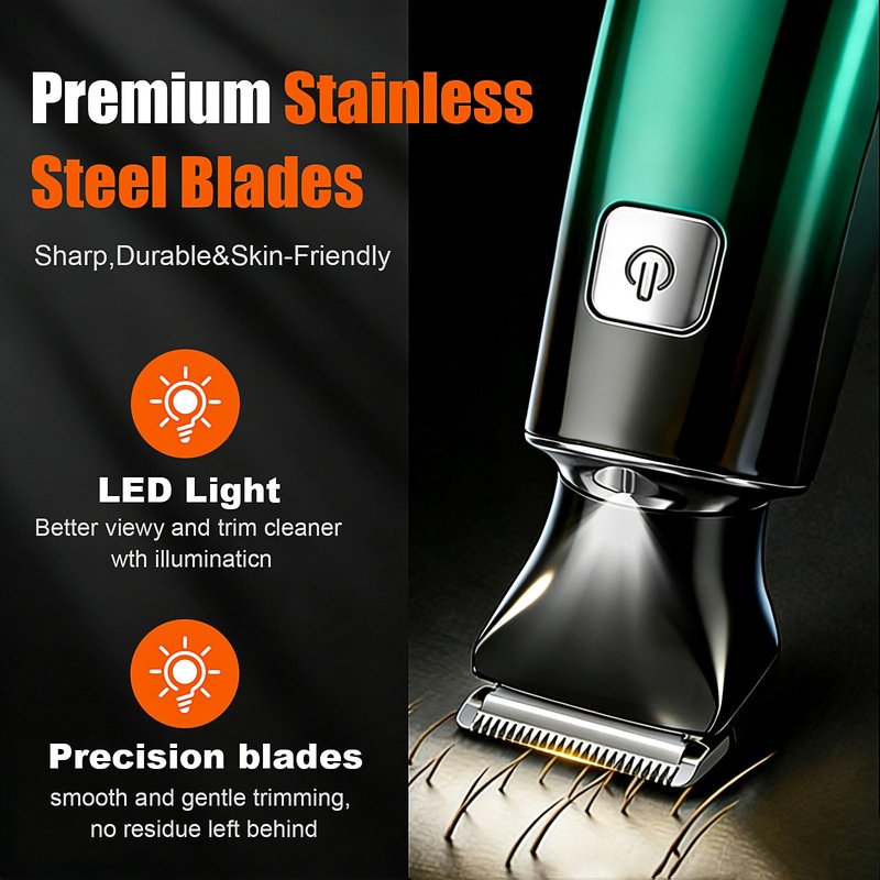 Back Shaver for Men,LED Display 5 in 1 Electric Body Groomer with Adjustable Long Handle - Rechargeable, IPX6 Waterproof Trimmer for Full Body Grooming（Green）