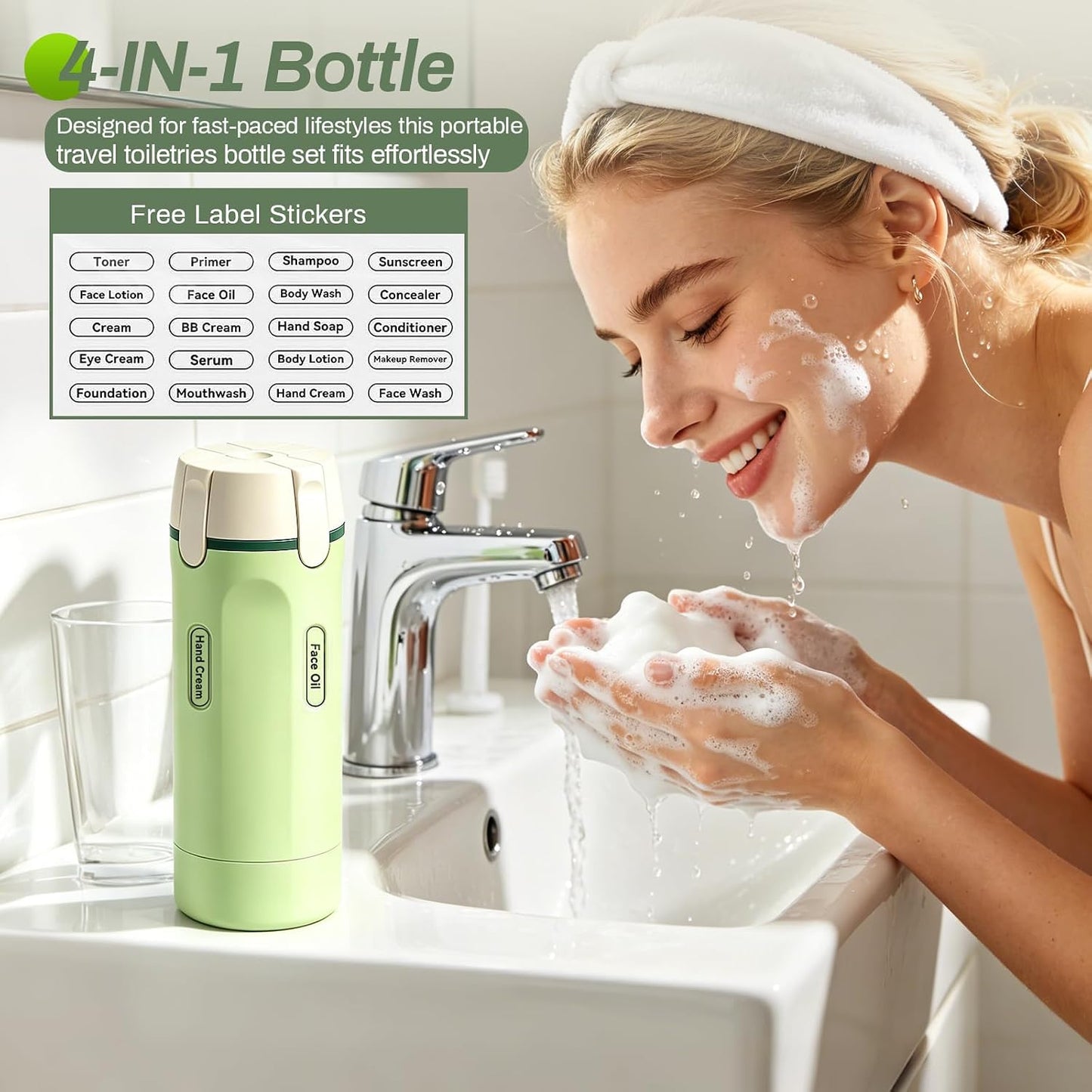 4 in 1 Travel Dispenser Bottle Set - Leakproof 30ML Toiletry Containers | TSA Approved, Labelled for Shampoo, Lotion, Conditioner, Cream
