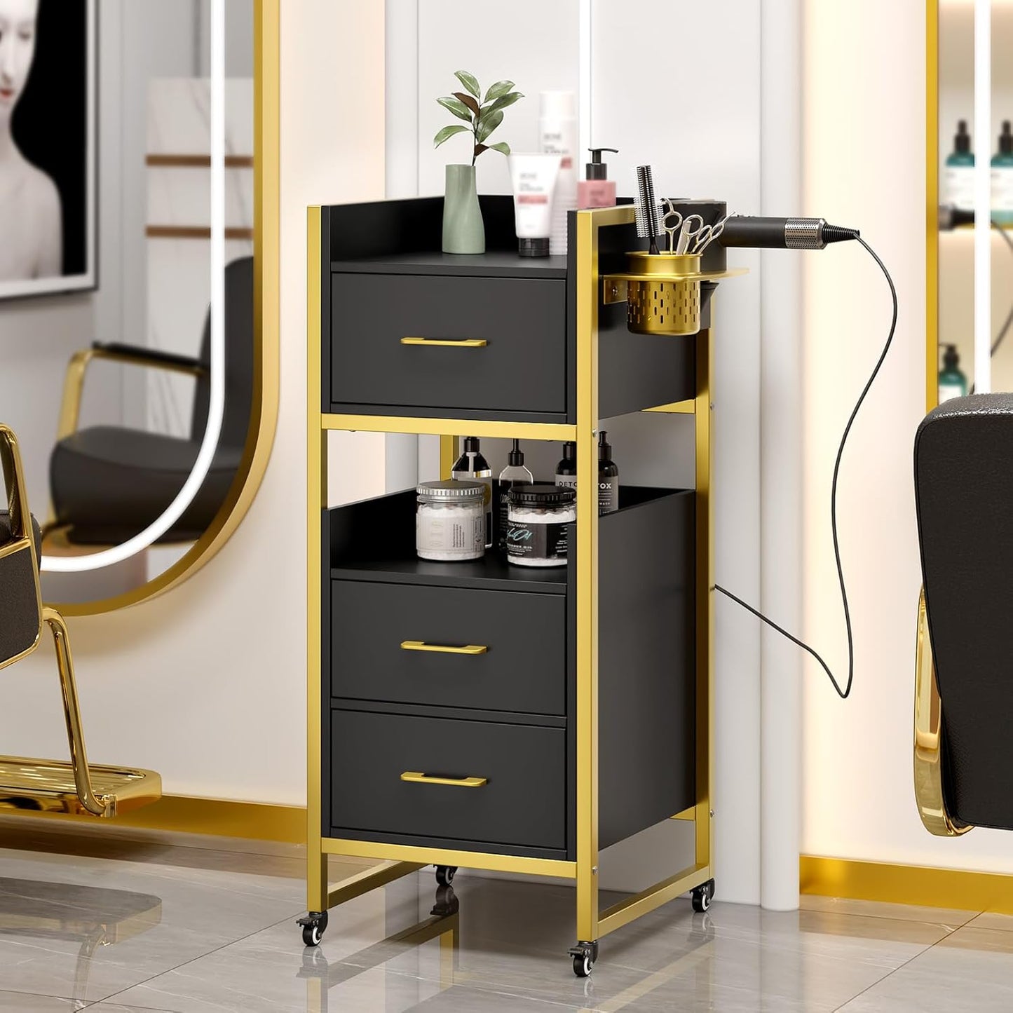OmySalon Hair Styling Station Trolley Cart - Mobile Barber Storage with 3 Drawers & 2 Shelves | Black
