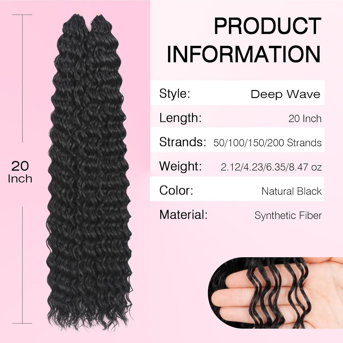 Miracle Knots Feather Crochet Hair (Deep Wave) - 20" Hand-Tied Synthetic Extensions, 150 Strands Soft Cotton Core Glue-Free Knotless Hair Pieces (Natural Black)