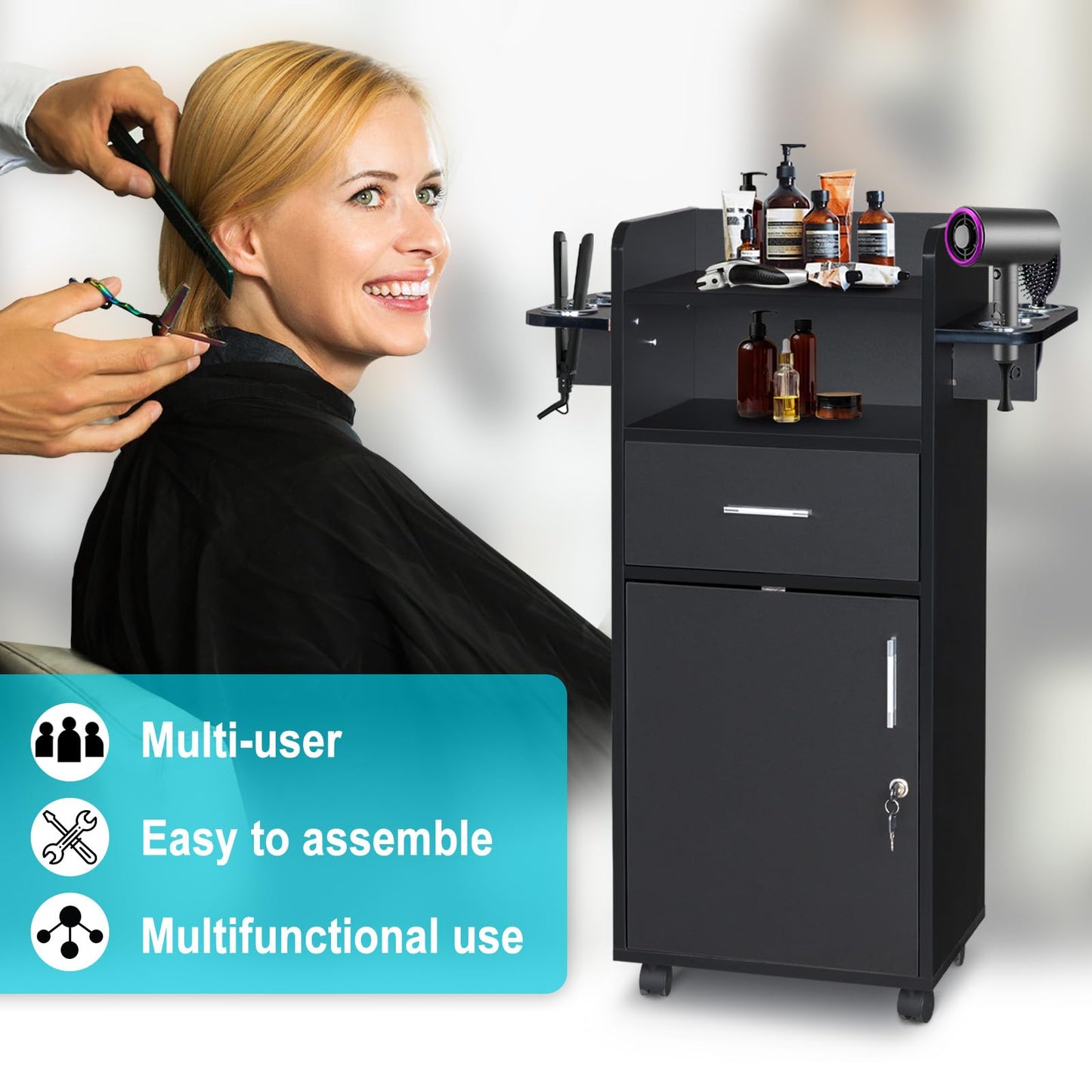 Winado Beauty Salon Trolley Cart, Salon Cabinet with 360° Wheels, 6 Tool Holders, 1 Drawer, Salon Station Rolling Cart for Hair Stylist Beauty Spa Barbershop, Black