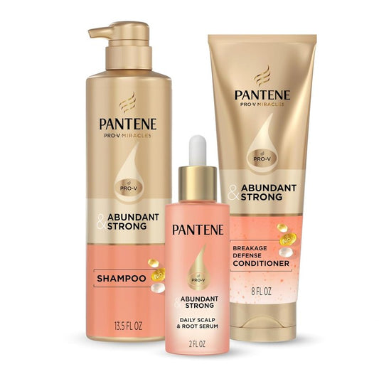 Pantene Abundant & Strong Hair Care Set | Shampoo, Conditioner & Serum for Thinning Hair - B5 Complex & Niacinamide, 3-Piece Regimen
