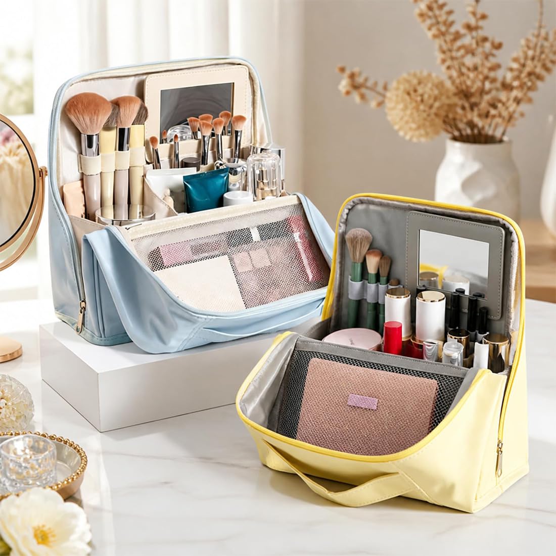 GDSAFS Stylish Handheld Partitioned Cosmetic Bag, Partitioned Cosmetic Organizer with Detachable Mirror, Stand Up Makeup Bag with Large Capacity for Travel & Daily Use (Pink L)