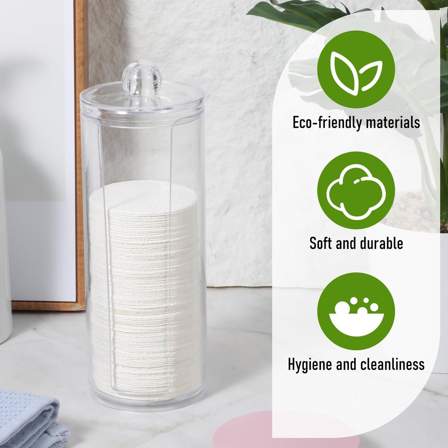 Oqqlin 120 Pcs Compressed Facial Sponges with Container, Disposable Round Face Sponge Pads Portable Makeup Removal Wash Sponges for Women Cleansing Makeup Spa (White)