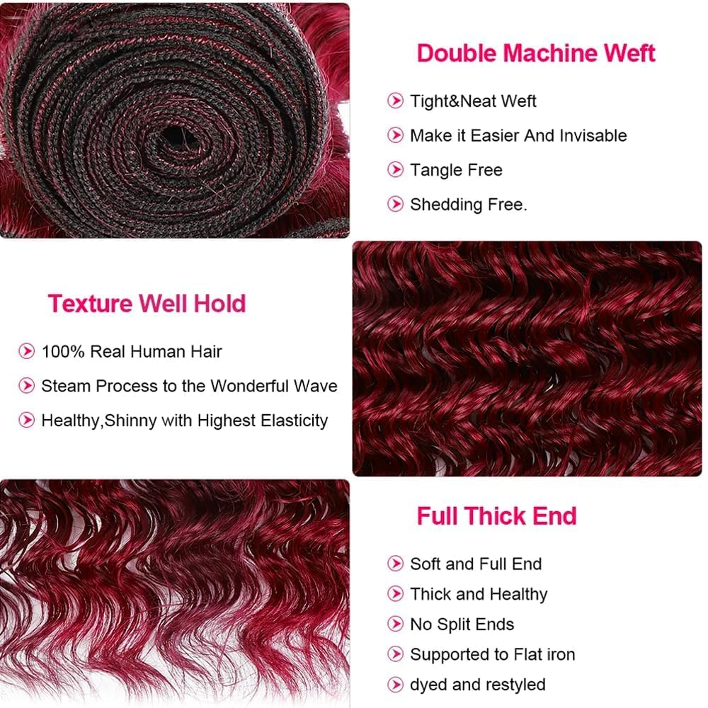 Red Bundle Human Hair Burgundy Deep Wave Bundles Human Hair Extensions Brazilian Virgin Hair 150g/3 Bundles 16 18 20 Inch 99J Red Deep Wave Bundle