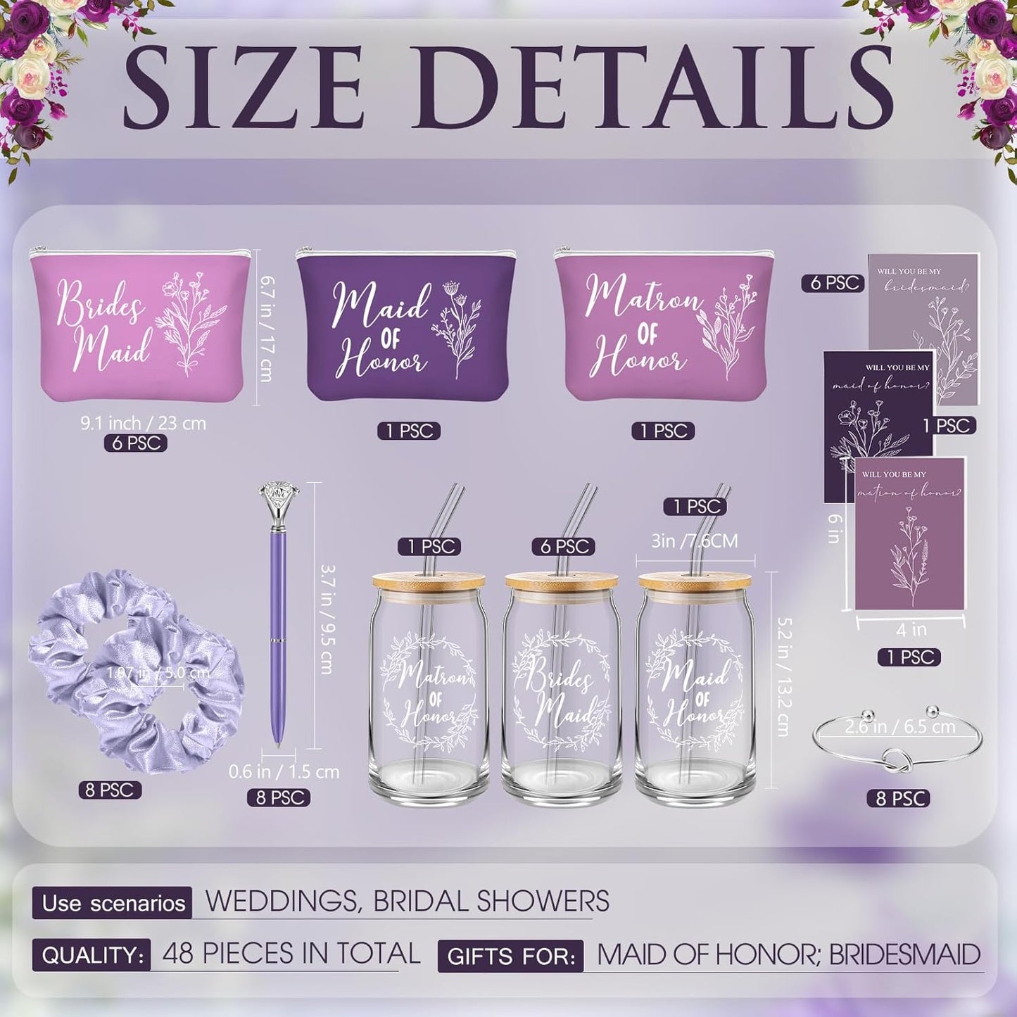 Bridesmaid Proposal Gifts - 48 Pcs Set with 16oz Glass Cups, Makeup Bags & More | Classic Purple