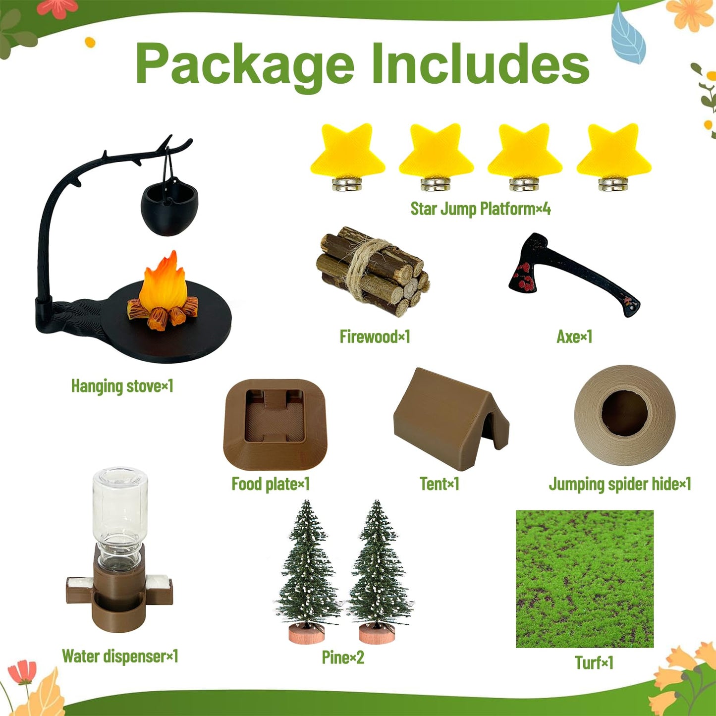 Jumping Spider Enclosure Accessories,with Enclosure Decor Kit,Hide Habitat,Platform,Food Bowl,Water Dispenser for Jumping Spider Habitat (Camping)