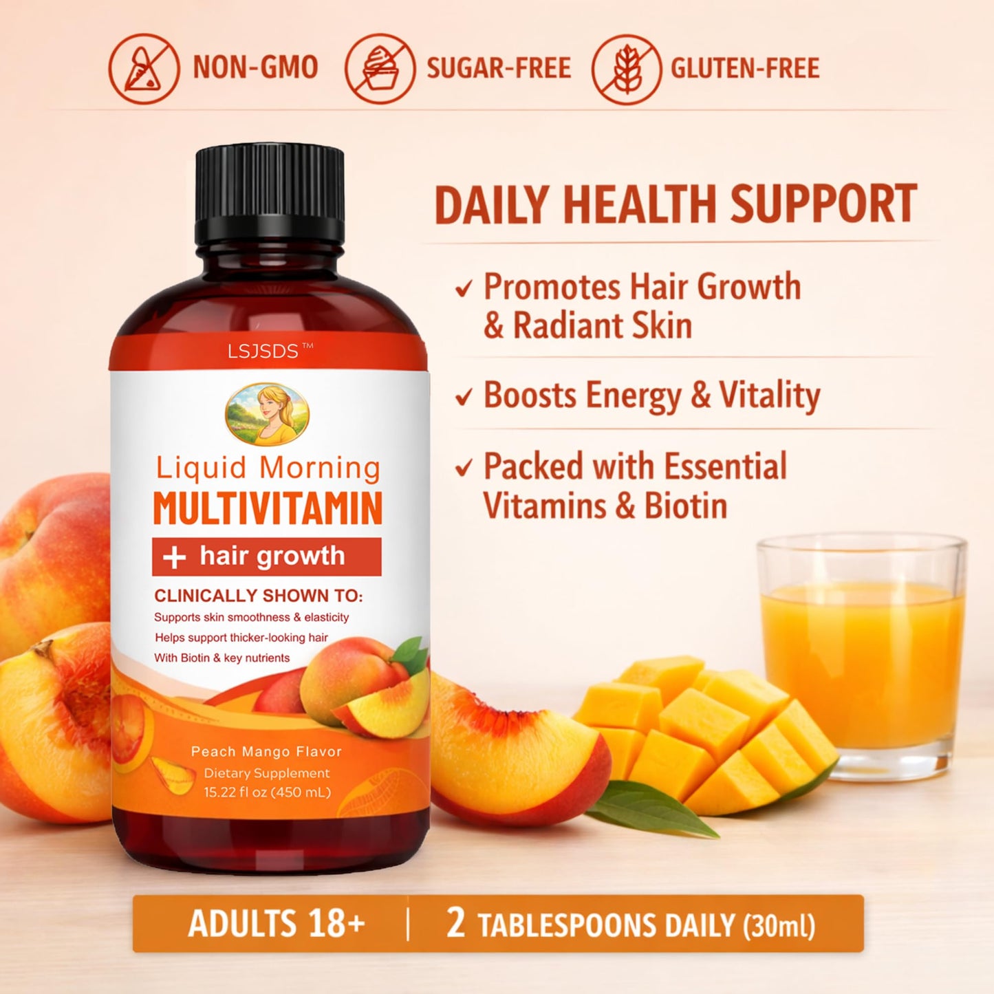 LSJSDS Liquid Multivitamin,Hair Growth,15.22 fl oz / 450ml,Support Healthy Skin,Promote Thicker,Fuller Hair,Reduce Wrinkles & Fine Lines (Peach Mango)