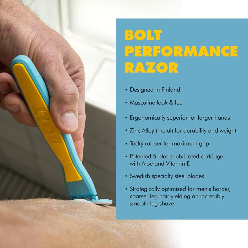Bolt Skin + Shave - Cartridge Refill Box -5-Blade Replacements for BOLT Razor - Swedish Steel with Aloe Vera and Vitamin E for Coarse Hair -Pack of 3