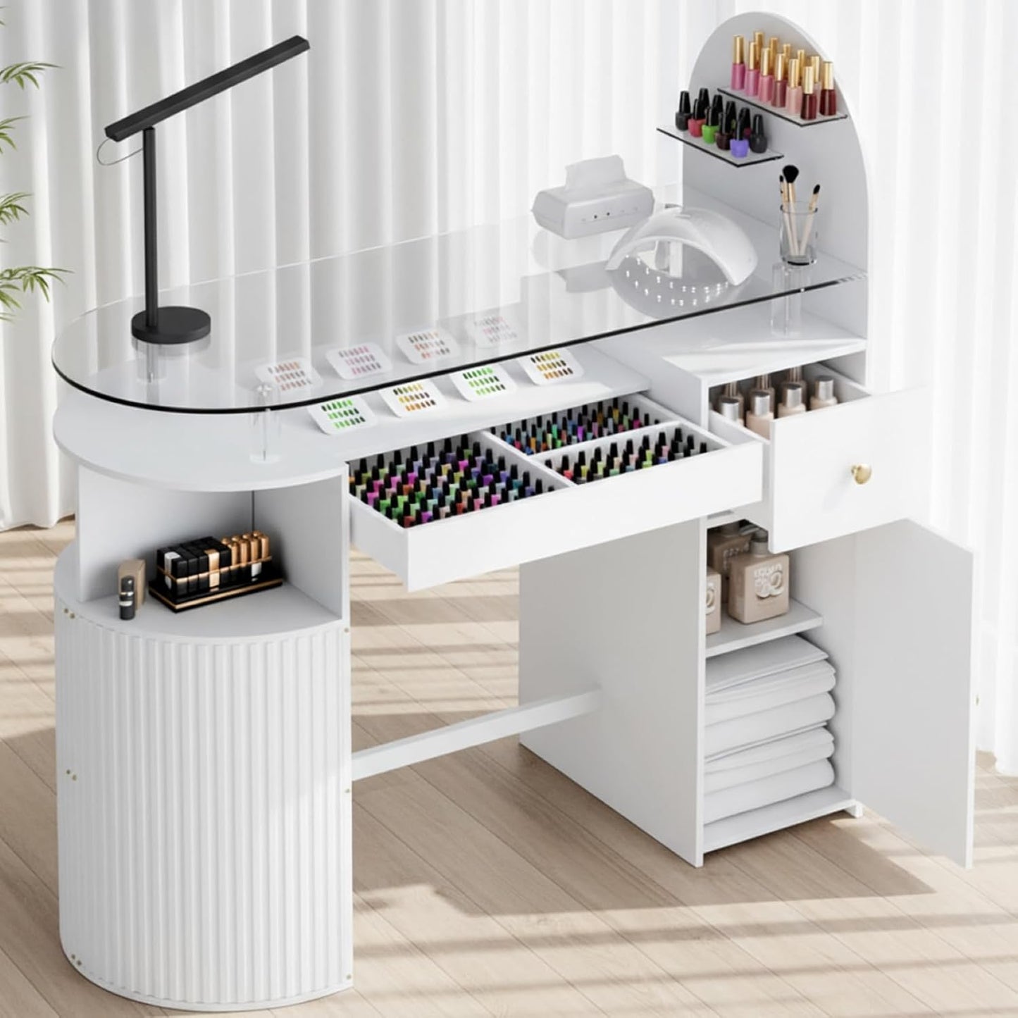 Professional Manicure Table with Dust Collector - Tempered Glass Top & Storage Drawer | Nail Salon Workstation (White)