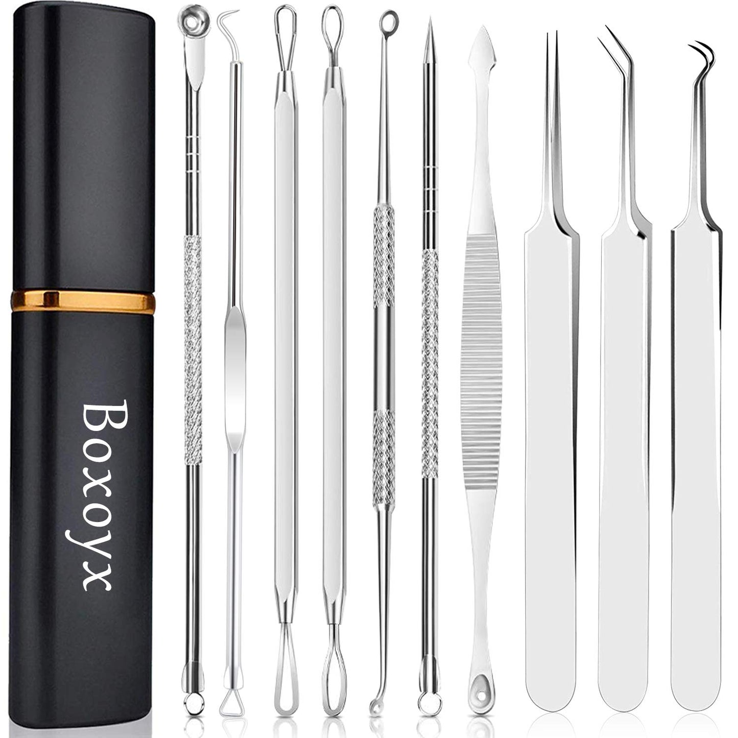 Pimple Popper Tool Kit - Boxoyx 10 Pcs Blackhead Remover Comedone Extractor Kit with Metal Case for Quick and Easy Removal of Pimples, Blackheads, Zit Removing, Forehead,Facial and Nose(Silver)