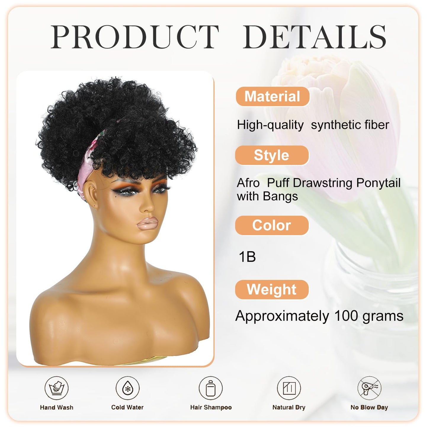 Afro Puff Drawstring Ponytail - Kinky Curly Synthetic Hair Extension for Black Women | Fluffy Natural Black Updo 1B