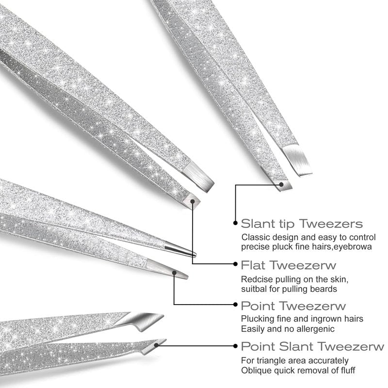 FungChoi 4-Pcs Glitter Stainless Steel Precision Tweezer Set for Eyebrows, Ingrown Hair & Lash Extensions (Bright Silver)