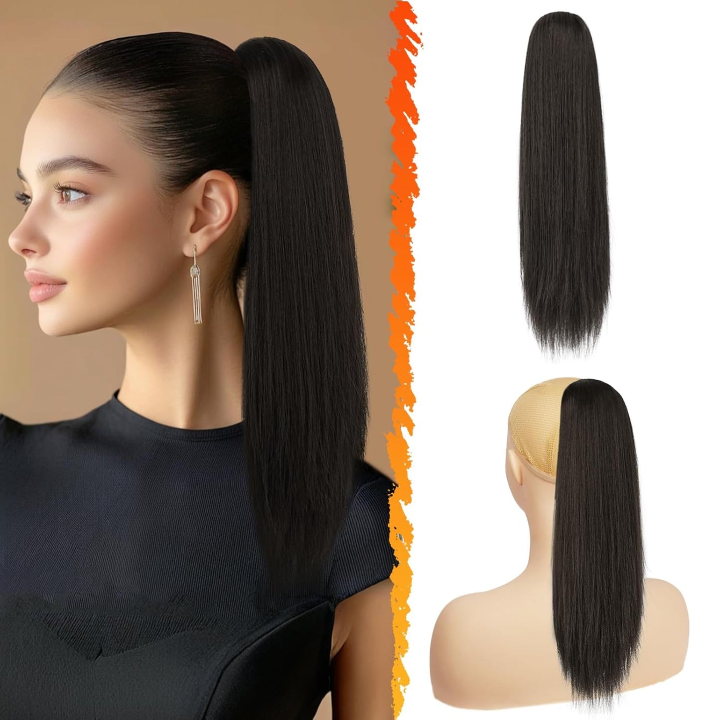 Long Straight Ponytail Extension - 26 Inch Brown Synthetic Clip-In Hairpiece for Women | Light Brown Mixed