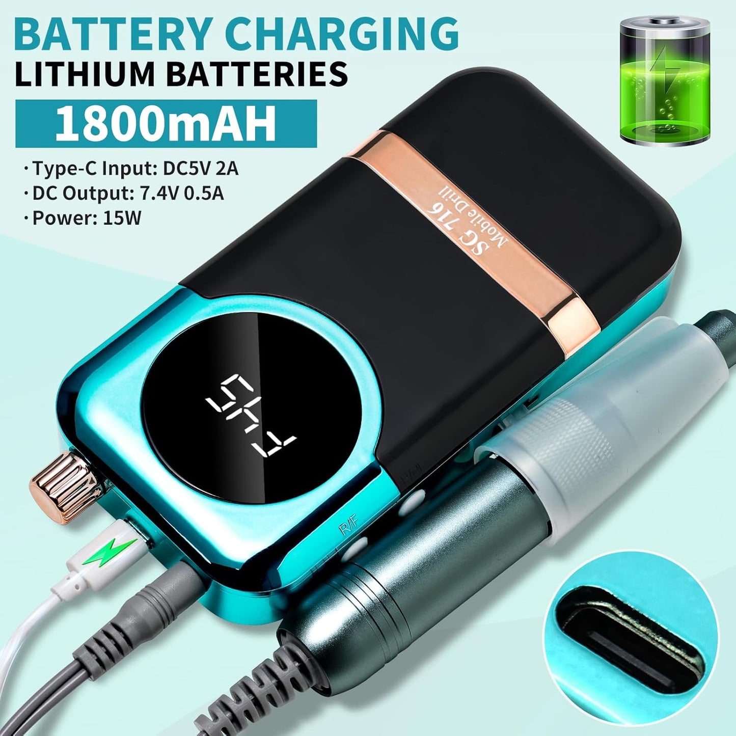 Professional Electric Nail Drill Kit - 45000RPM Cordless Toenail Machine with 14 Drill Bits | Portable Green