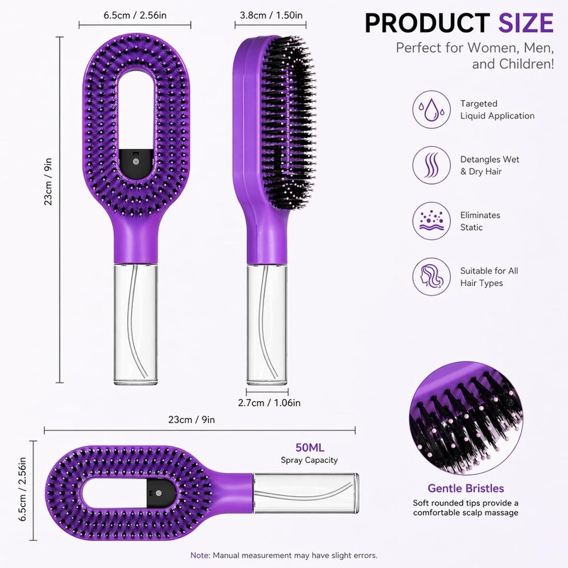 Misting Hair Brush - 2-in-1 Detangling Hairbrush with Spray & Refillable Reservoir | Anti-Frizz for Curly & Thick Hair (Purple)