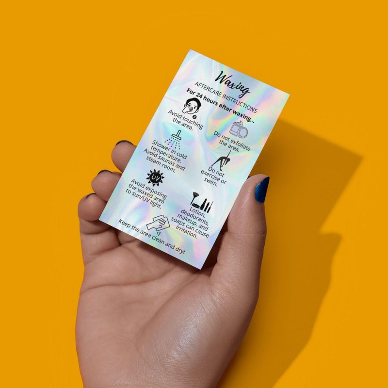Waxing Aftercare Cards | 50 Pack | Size 2 x 3.5” inches Business Card Size | Waxing Aftercare Kit Cards PMU Matches Pre-Waxing Card | Aftercare Instructions Faux Holo Print Design