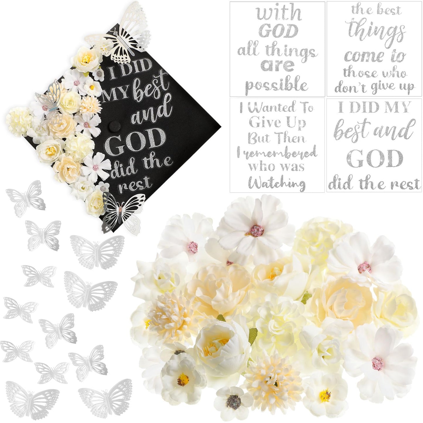 Feifeiya 36 Pcs DIY 2026 Graduation Cap Decorations Accessory Kit Include Faux Flower Heads Graduation Quotes Glitter Stickers 3D Butterfly for Grad Cap Topper DIY Gift(Silver,Inspirational)