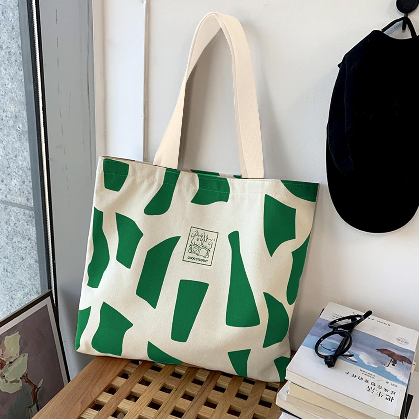 1Pack Canvas Tote Bag, Reusable Grocery Shopping Bag, Top Zipper Closure, Daily Essentials green A