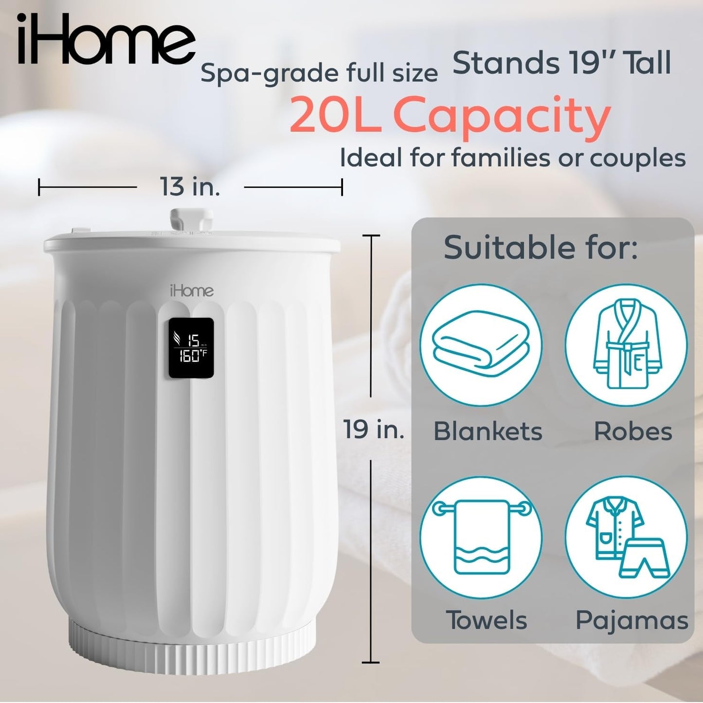 iHome Luxury Towel Warmer - 20L Large Hot Towel Heater with Fragrance Pad Holder | Ideal for Spa, Blankets & Bathroom Use