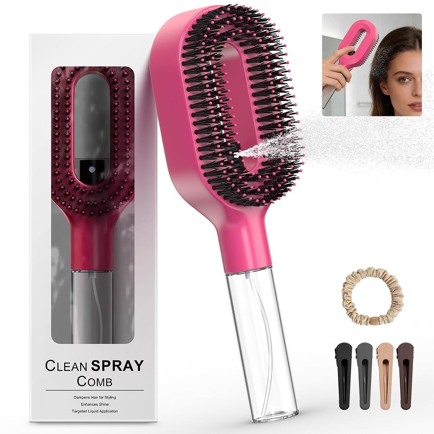 Portable Misting Hair Brush - 2-in-1 Wet & Dry Detangling Tool with Water Spray | Anti-Frizz, Suitable for All Hair Types (Pink)