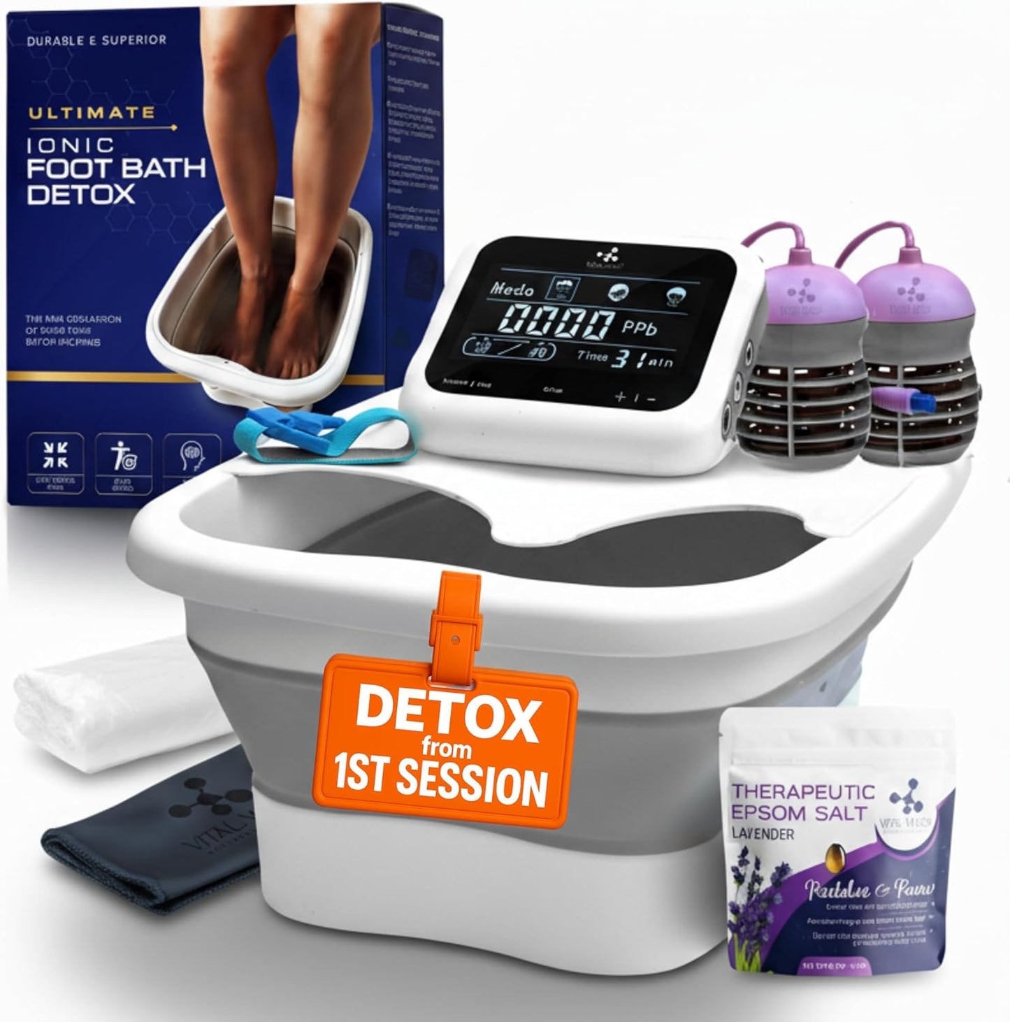 Ultimate Ionic Foot Bath Detox Machine - Spa-Quality Detox with Touch Display | Collapsible Tub & Epsom Salt Included