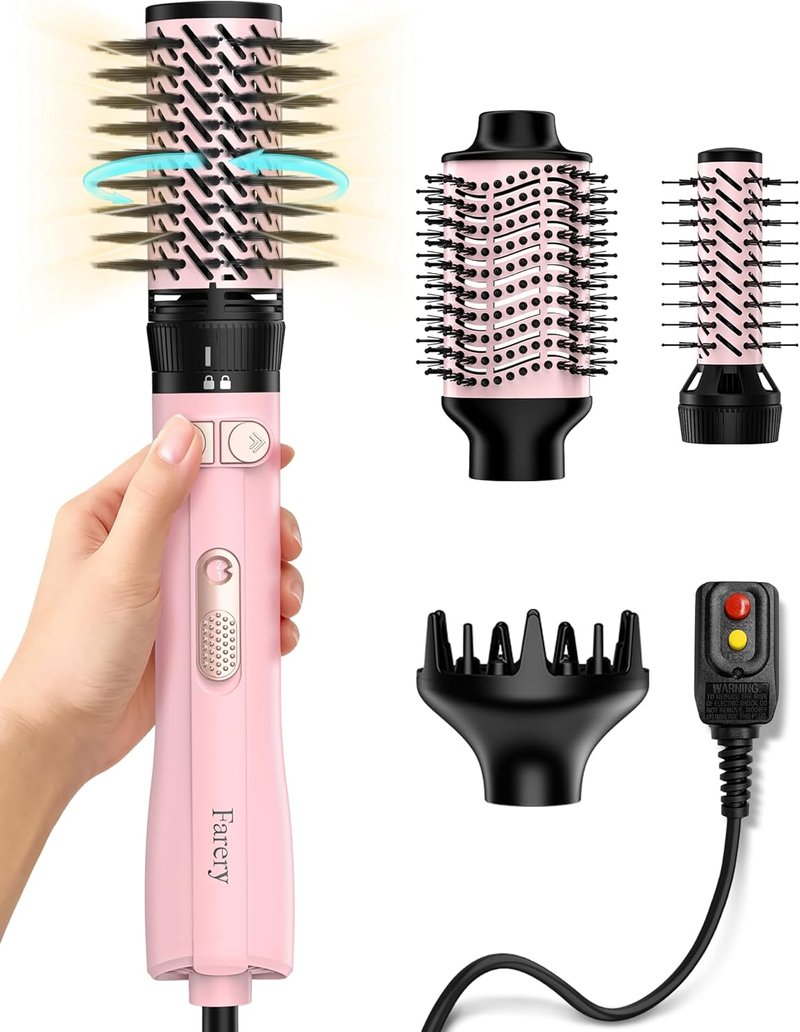 Farery Rotating Hot Air Brush Set - 1000W 4-in-1 Blow Dryer Brush for Volume, Smooth & Curl | Ideal for Fine to Medium-Thick Hair, Pink