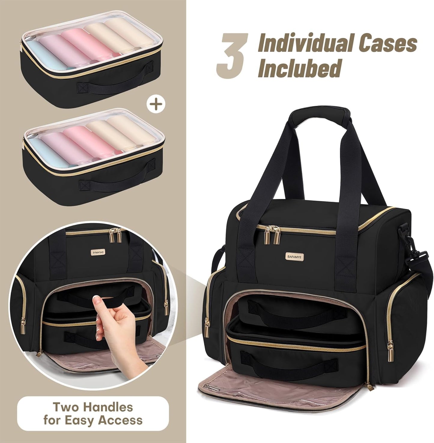 BAFAMYE Large Makeup Travel Cosmetic Bag with 2 Removable Case, Double Layer Big Travel Make Up Organizer Case, Toiletry Bag for Women, Train Cases Bags