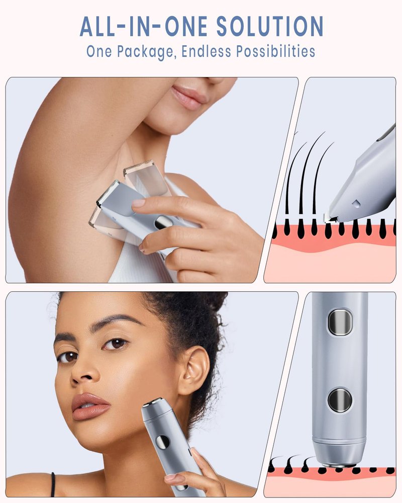 2-in-1 Bikini Trimmer for Women, IPX7 Waterproof Electric Shaver, Body Hair Trimmer & Electric Razor for Face, Lips, Pubic Area, Legs, Blue