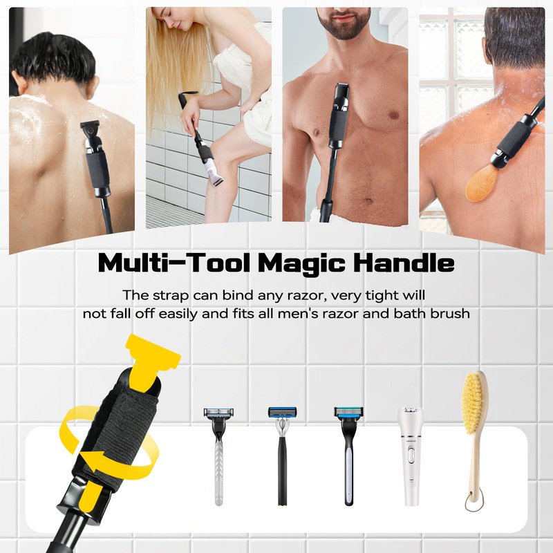 ETbyto Safety Razor Extension Handle with Adjustable Length for Leg Razor,Back Shaver for Men,Multi-Function Extension Shaver Handle can be Fitted Lotion Applicator,Hair Brush for Wet or Dry - Black