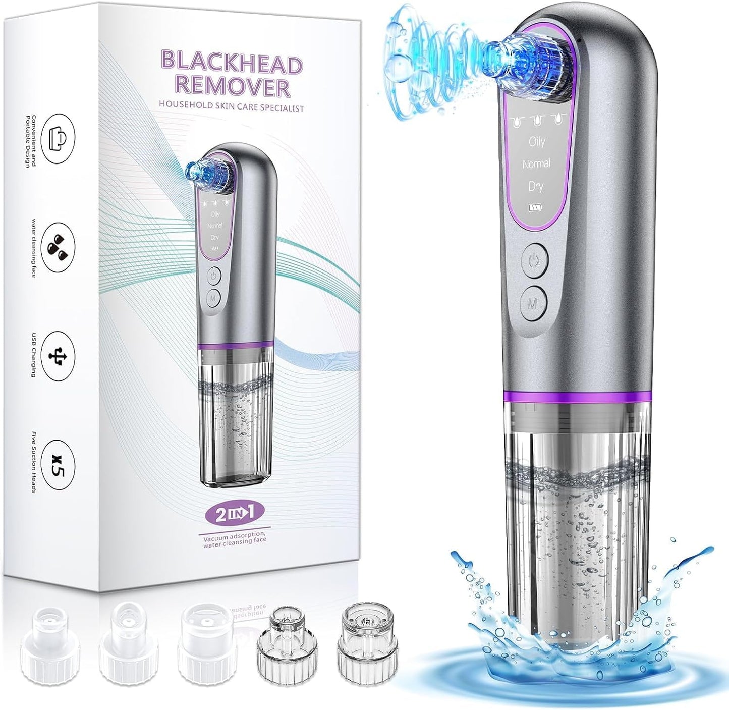 Blackhead Remover Vacuum - Facial Pore Extractor with 3 Suction Levels & 5 Heads for Deep Cleansing | Skin Care Tool