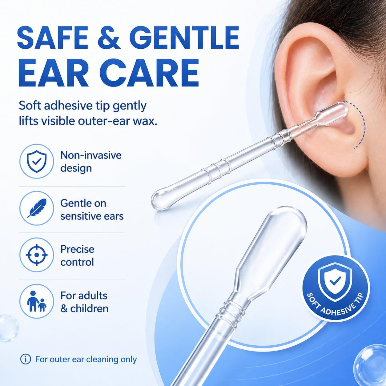 2-in-1 Sticky Ear Cleaning Stick - Gentle Dual-Ended Ear Wax Remover | Reusable Travel Tool (48 Count)