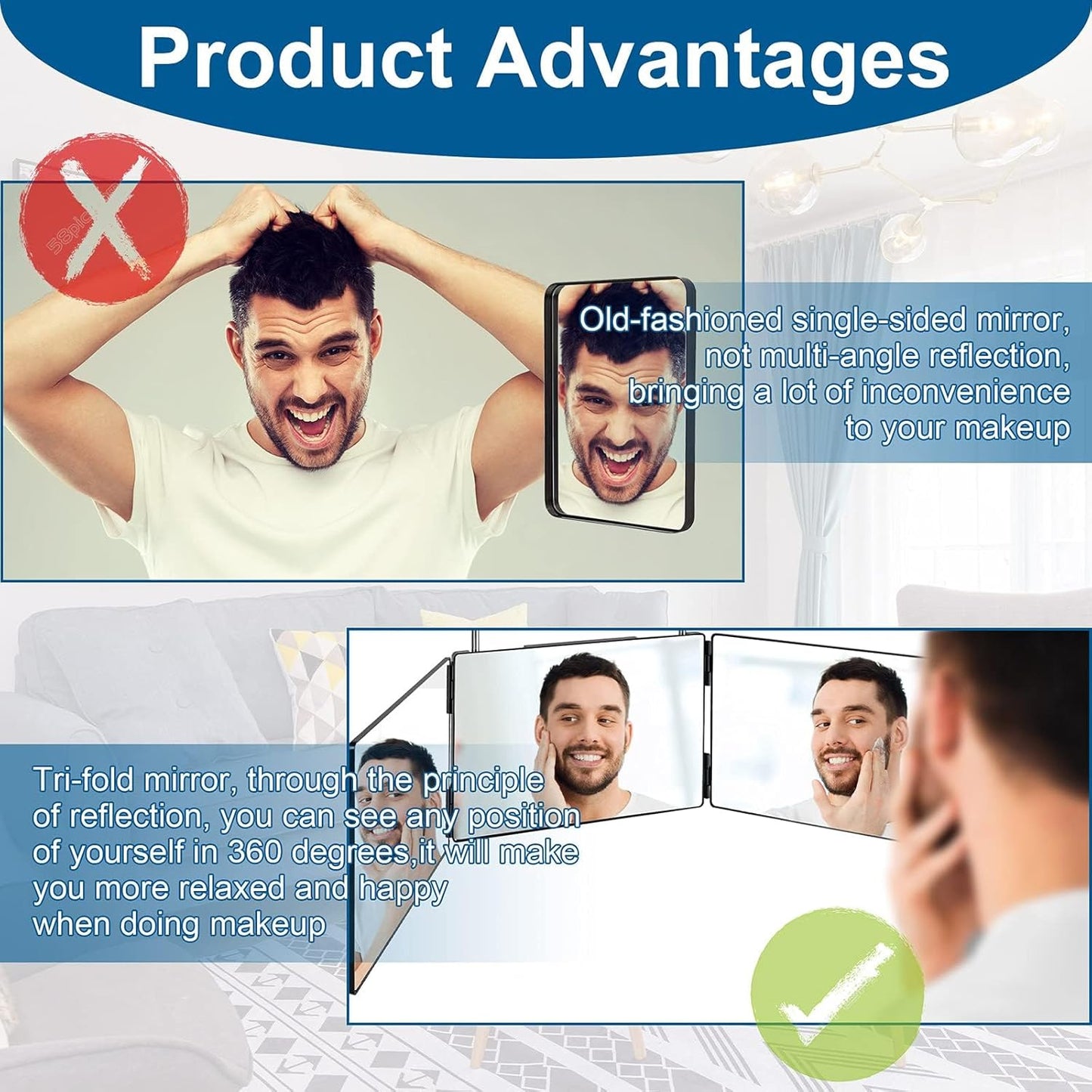 3-Way Mirror for Self Hair Cutting | 360° Tri-Fold Design with Adjustable Hooks (6.7" x 10.8")