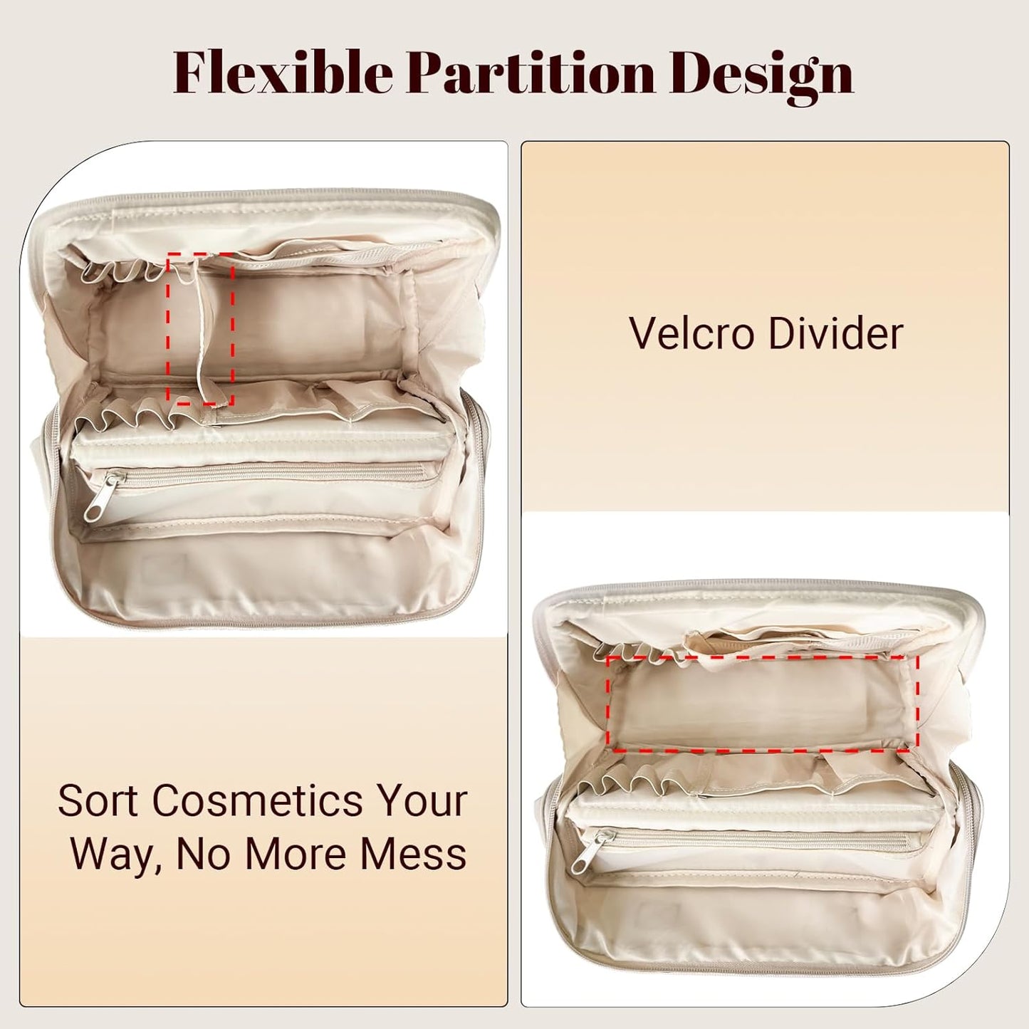Large Waterproof Makeup Bag for Women - Foldable Cosmetic Organizer with Compartments & Detachable Dividers | Cream White