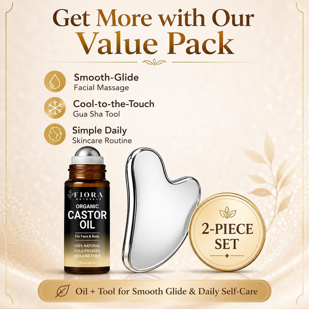 Organic Castor Oil Roll-On & Gua Sha Facial Tool Set - Metal Sculpting Tool for Jawline Lift & Puffiness Care