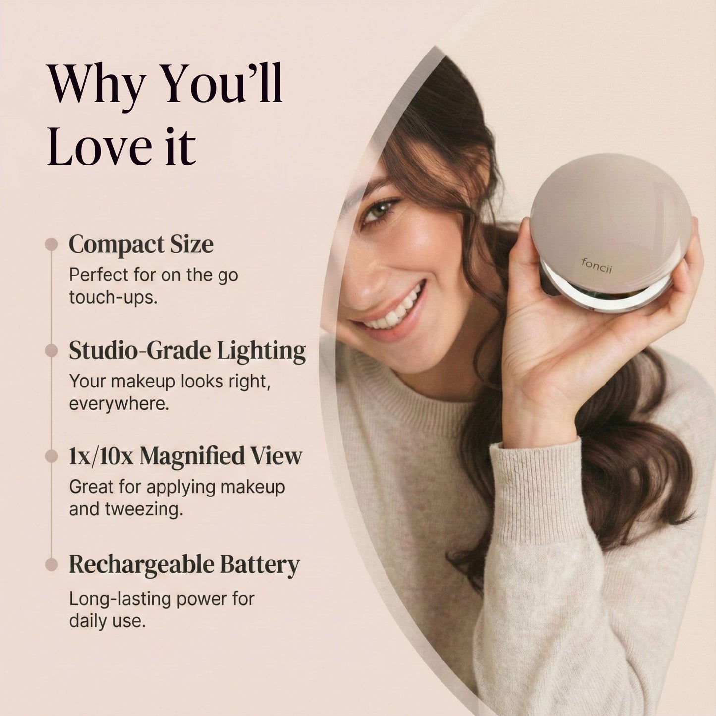 Fancii Mini Taylor Compact Magnifying Mirror with LED Light, 10x/1x, Rechargeable, 3 Light Settings, Dimmable - Small Lighted Travel Handheld Mirror for Pocket, Handbag, Purse, 2-Sided (Desert Sands)